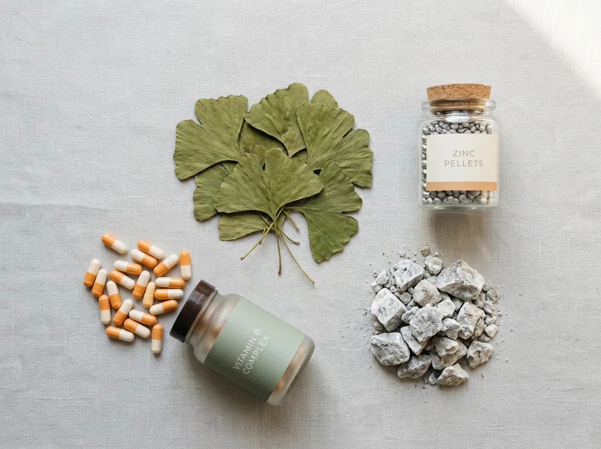 Naturliga ingredienser zink magnesium ginkgo och B-vitaminer för öronhälsa kosttillskott